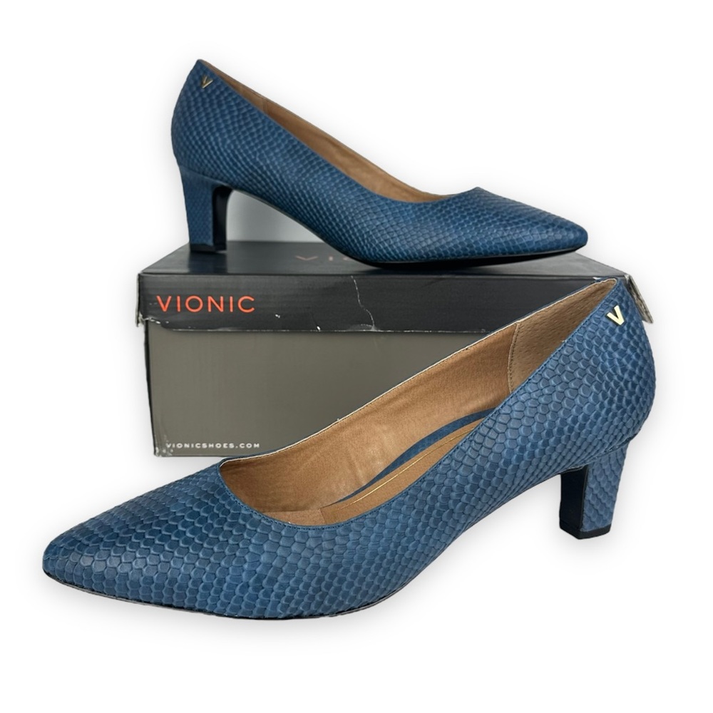 NIB VIONIC Women's Madison Mia Snakeskin Leather Blue Block Heel Pumps- Size: 12